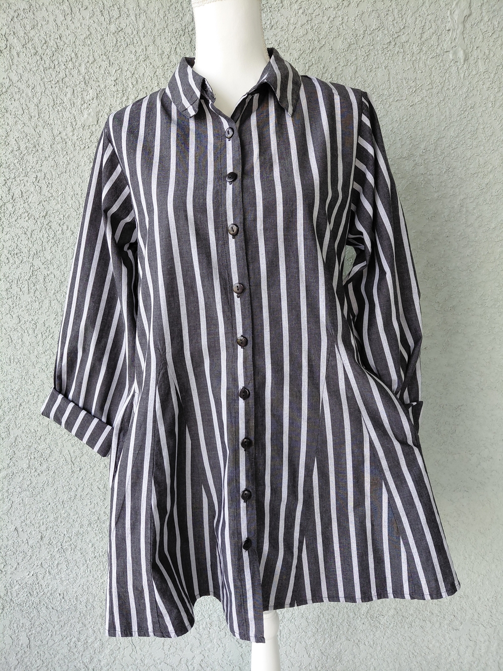 Tulip Black White Striped Button Front Tunic Shirt Size M Cotton - Picture 4 of 11